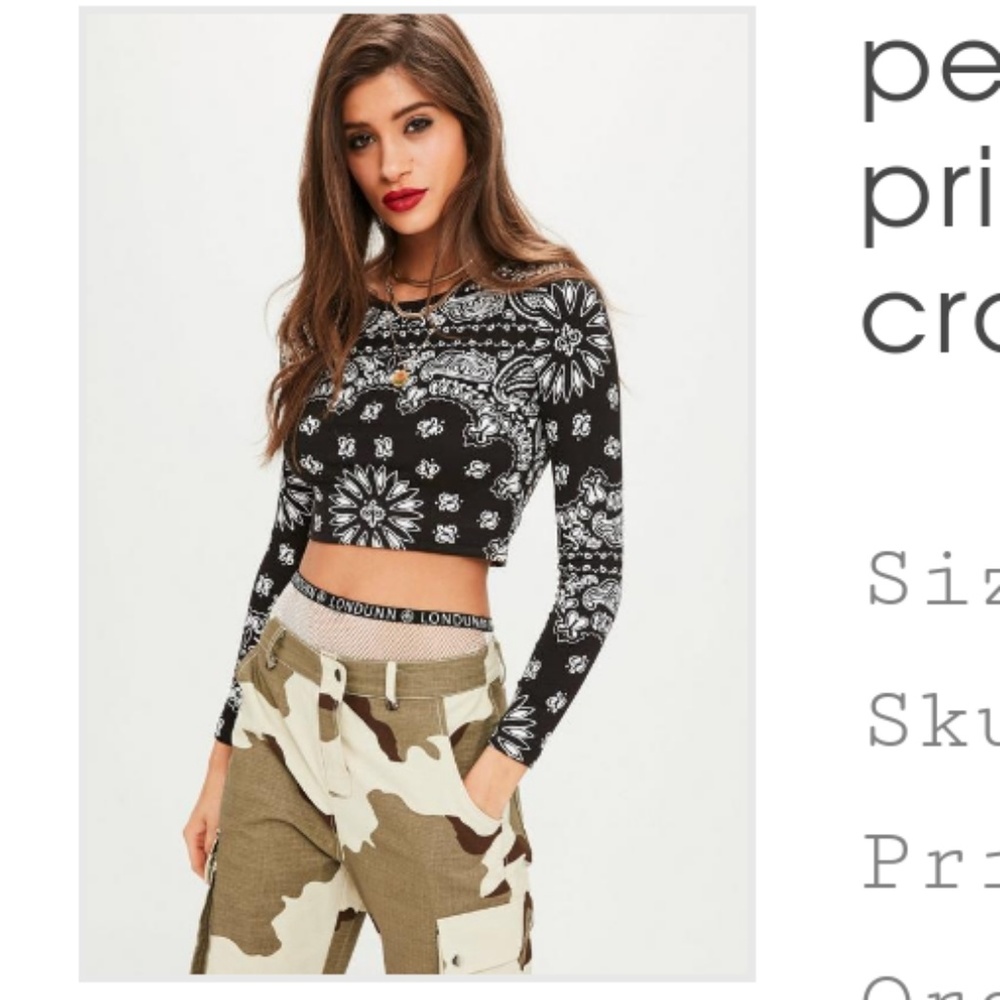 B&W Paisley printed long sleeve crop top